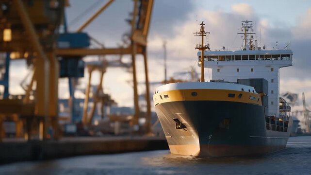A shipping port testing biofuel blends on cargo ships, technicians reviewing emissions data while vessels dock under industrial cranes &mdash; maritime sustainability, cleaner marine fuel, and global