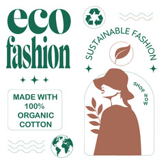Eco-fashion and apparel Ad Template using flat vector design. Include areas for sustainability claims, product visuals, and CTA