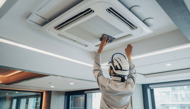 オフィスの天井埋込型エアコンを点検する作業員の後ろ姿