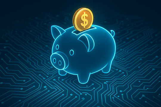 Glowing neon piggy bank with golden coin on circuit board background symbolizing digital savings investment and futuristic fintech growth - Powered by Adobe