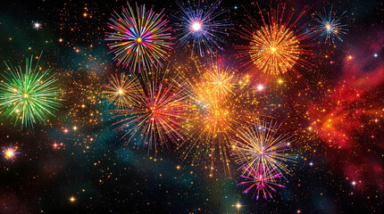 Naklejka premium 宇宙のような夜空に広がるカラフルで幻想的な花火の風景