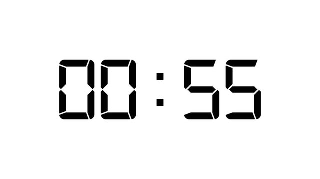 One minute countdown animation from 60 seconds to 0 second with alpha channel. digital timer clock on white background. 60 seconds timer on stopwatch countdown animation. 60 seconds digital countdown.
