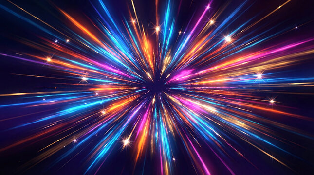 カラフルなレーザー光が夜空に放射する近未来的な花火の抽象背景