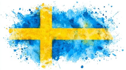Vibrant watercolor illustration of Sweden flag with bright yellow cross on blue background, featuring ink splashes and soft edges, symbolizing national pride, culture, heritage, and artistic concept