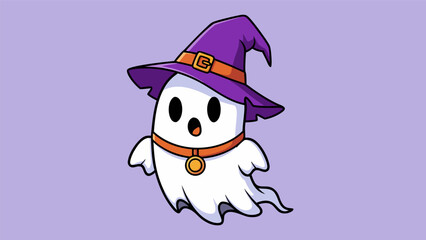 A cute cartoon ghost wearing a purple witch hat and an orange collar with a golden medallion, floating against a light purple background.