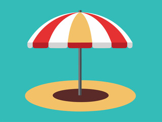 Obraz premium A red and yellow striped beach umbrella stands on a sandy island in the middle of a turquoise sea.