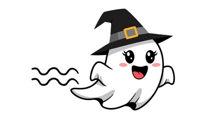A cute cartoon ghost wearing a witch's hat, with rosy cheeks and a happy expression, flying through the air.