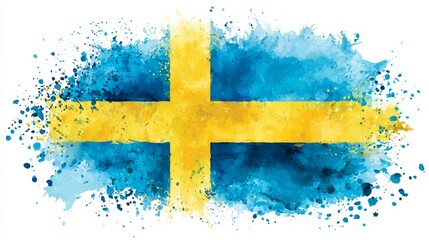 Vibrant watercolor illustration of Sweden flag with bright yellow cross on blue background, featuring ink splashes and soft edges, symbolizing national pride, culture, heritage, and artistic concept