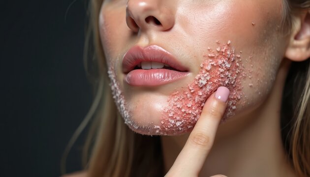 Young woman actively points at rough, flaky, dry skin on lower face, showing irritation problem around mouth, chin area. Lips look healthy. Urgently needs cosmetic facial beauty care. Derma treatment