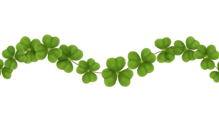 A wavy pattern of vibrant green three-leaf clovers forms a decorative border against a black backdrop isolated on transparent background