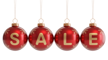 Red christmas ornaments spelling out sale with gold letters and snowflakes on white