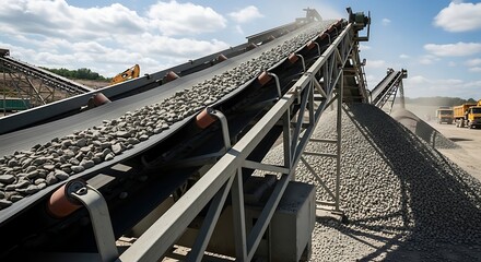 Illustration of a long conveyor belt carrying rocks at a quarry or mining site with heavy machinery