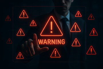 Human hand pressing holographic red warning triangle icon with alert symbols representing digital system error and high security risk concept