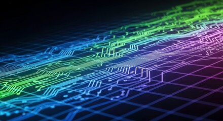 Vibrant circuit board design with neon colors and grid pattern