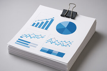 Market research report showing printed financial charts with bar graphs and pie diagrams representing statistics and analytics