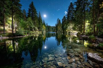 Obraz premium Moonlit Forest Lake with Clear Water and Stars