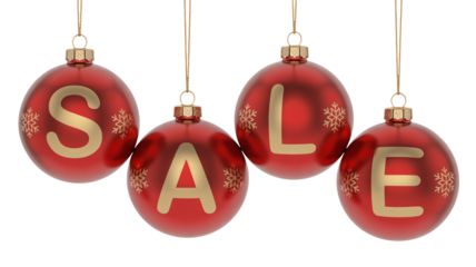 Four red christmas ornaments spelling out sale with snowflakes on white background