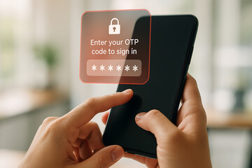 Mobile device showing OTP one time password security interface ensuring account login protection two factor authentication and digital encryption