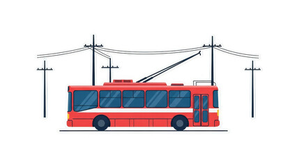 Vibrant red trolleybus electric public transport vehicle illustration.