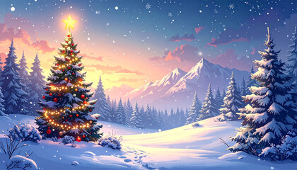 Abstract Christmas Snowy background with palm tree decorated with lights and stars