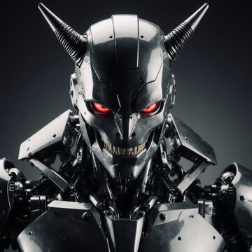 Futuristic cyborg robot with red eyes horns and smile glares at the camera