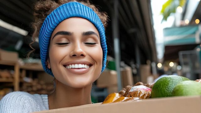 Local charity volunteer with curly hair smiles warmly at camera while holding a cardboard box overflowing with donated food, conveying generosity, care and community support