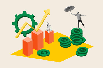 Trend composite sketch template 3D photo collage of young woman man stand money cogwheel arrow up...