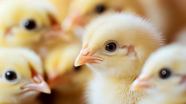 Tiny yellow chicks huddled together, one curious chick glancing up, soft fluffy feathers capture themes of poultry farming, hatching and rural life in close up detail
