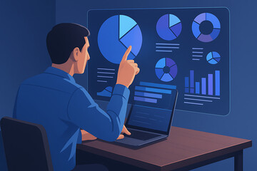 Office worker studying pie charts and bar graphs on glowing virtual analytics dashboard for financial research and corporate planning