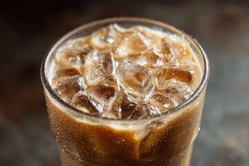 Refreshing melted iced coffee in glass with watery layer and condensation ring on table