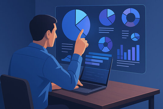 Office worker studying pie charts and bar graphs on glowing virtual analytics dashboard for financial research and corporate planning - Powered by Adobe