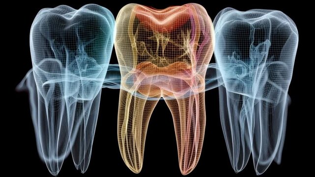 Dental Health Innovation concept ,Transparent dental anatomy model showing molar tooth nerve and root canals with detailed medical health structure