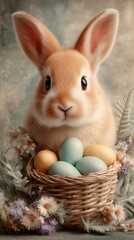Cute easter bunny peeking behind egg basket