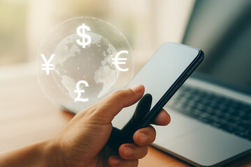 Person holding smartphone with holographic globe and floating currency symbols representing global finance business and digital economy