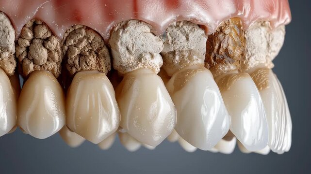 Dental Health Innovation concept ,Close up of teeth with severe dental plaque tartar buildup causing enamel decay gum inflammation highlighting poor