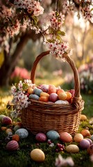 Easter basket with colorful eggs under blooming spring tree