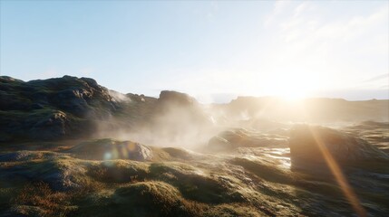 Fototapeta premium Sunlight shines over rocky landscape with mist rising in the early morning