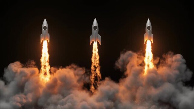 Three rockets launching with fiery exhaust against a dark background.