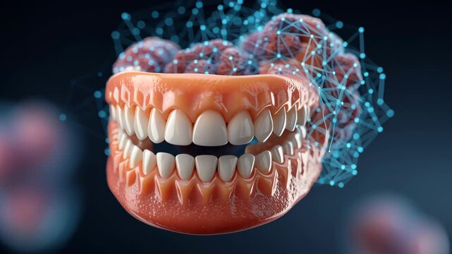 Dental Health Innovation concept ,Artificial teeth model with digital network and brain structure symbolizing dental technology neuroscience