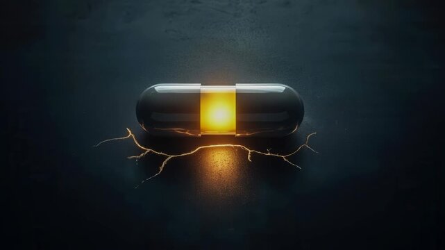 Glowing capsule black pill with electric spark dark background and neon light, futuristic design and medical concept energy core macro view minimal