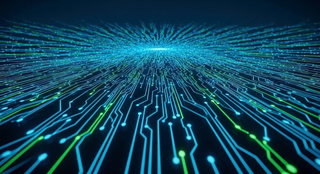 Vibrant blue and green circuit board lines radiating outward