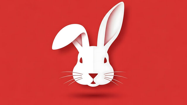 Minimalist white rabbit head design on a solid red background with shadow effect