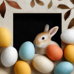 Easter bunny peeking through frame with colorful eggs