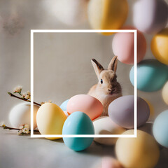 Baby bunny sitting among pastel easter eggs