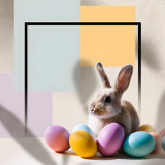 Cute bunny with colorful easter eggs celebrating holiday