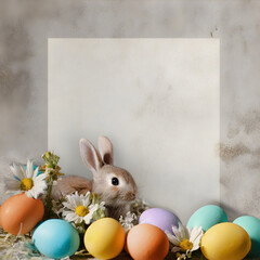Cute rabbit with colorful easter eggs and daisy flowers