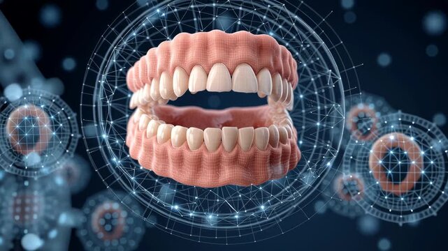 Dental Health Innovation concept ,3D digital model showing detailed dental anatomy of teeth and gum with network connections futuristic digital