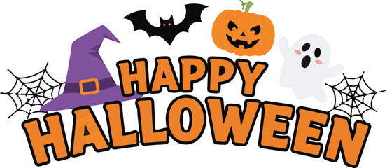 Vector illustration of the text "Happy Halloween" decorated with a purple witch hat, bat, pumpkin, ghost, and spider webs,