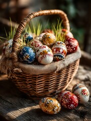 Easter basket filling with traditional painted pysanky eggs