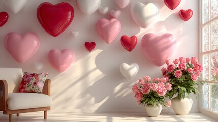 Living room decorated with hearts and roses for valentine's day